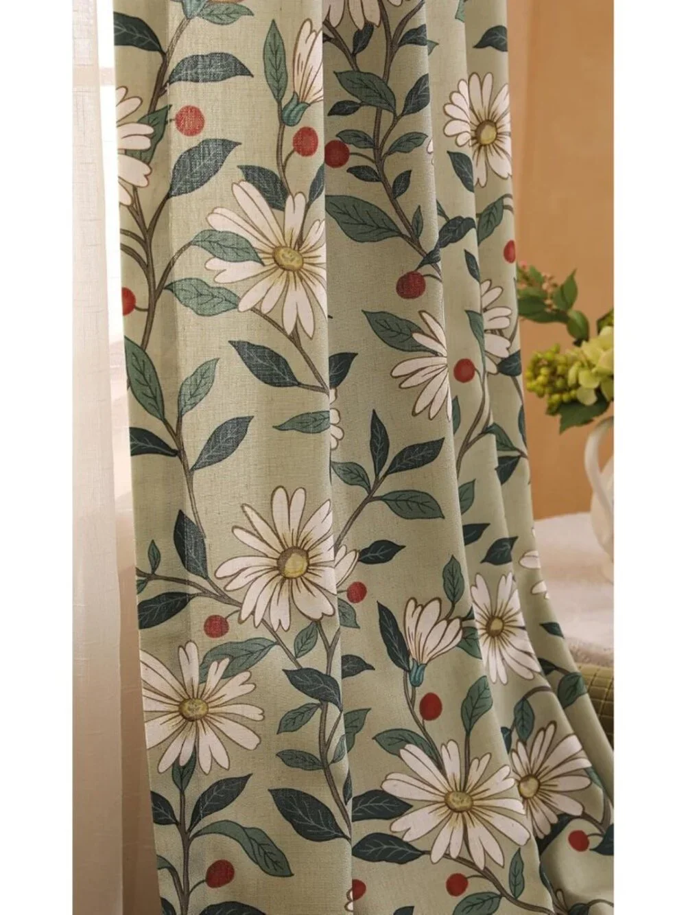 Elegant Green Linen Printed Curtains, 2 Panels, 87